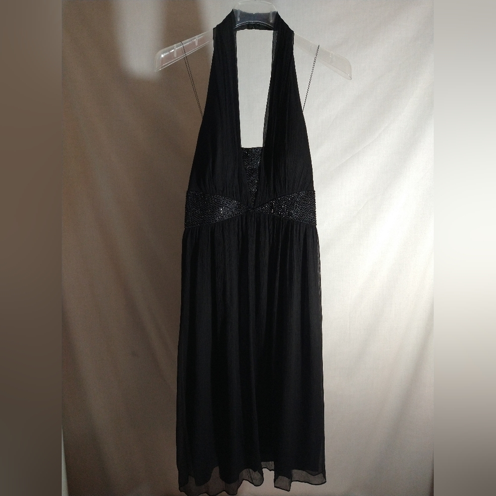 MAGGY LONDON BLACK BEADED SILK HALTER COCKTAIL DRESS 12 US NWT